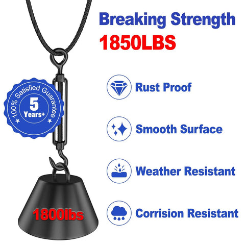 Illustration of heavy duty 1/8 inch black stainless steel cable wire rope with 1850 lb breaking strength and features.