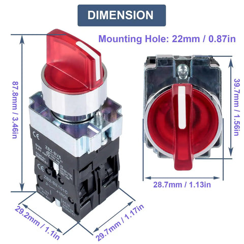 Three Position Momentary Rotary Selector Switch With Red LED Indicator, 22mm Mounting Hole, 110V AC, durable nylon body dimensions shown