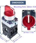 Two Pack 22mm Latching Rotary Selector Switch With Red Pilot Light, 3 Position Maintained, 2NO, 110VAC 10A dimensions
