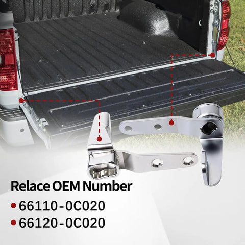 Rust Resistant Tailgate Door Hinge For Trucks And SUVs Easy Install Vehicle Accessory Delivers Maximum Tailgate Stability And Safe Opening And Closing For Everyday Driving And Rough Terrains. Image shows tailgate hinge with OEM numbers.