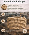 Natural Manila Rope 3 Strand Twisted Fiber for Landscaping and Decor coiled on a rustic surface with informational highlights