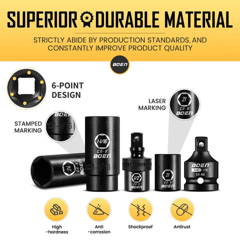 Heavy Duty Half Inch Drive Impact Socket Set, 72-Piece SAE And Metric Kit highlighting 6-point design and markings