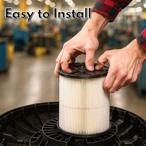 Hands installing Red Stripe Replacement HEPA Filter For Craftsman Shop Vac Wet Dry Vacuum 5 6 8 12 16 32 Gallon Larger Models