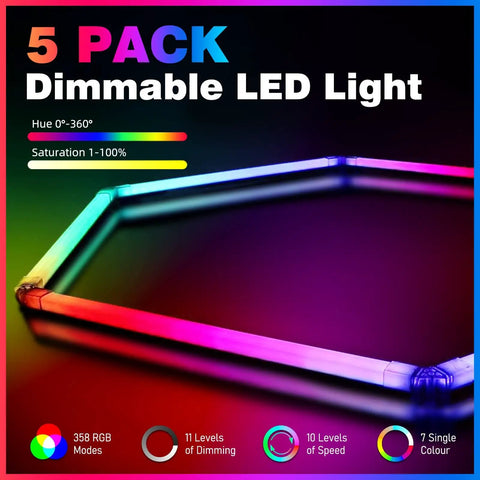 5 pack dimmable RGB LED lights in hexagonal shape, displaying vibrant colors, offering 358 RGB modes for versatile lighting.