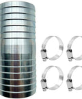 Front view: 2-inch stainless steel hose barb fitting with straight barbed splicer and four hose clamps.