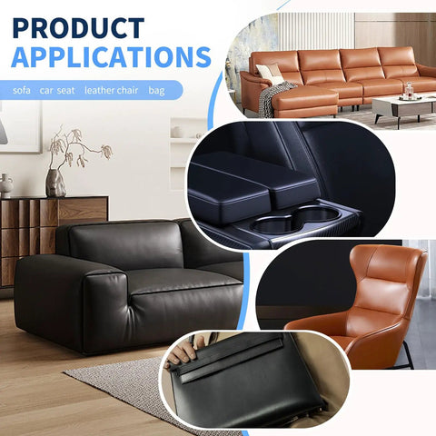 Leather Repair Patches 17X79 Inch Self Adhesive Tape For Couches Furniture Sofas And Car Seats Black Stretch Vinyl Repair Kit application on various furniture and car interiors visible.