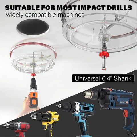 Adjustable Hole Saw Cutter Kit 1.6 Inch To 11.8 Inch Range in use with impact drills showing PC dust shield and drill attachment.
