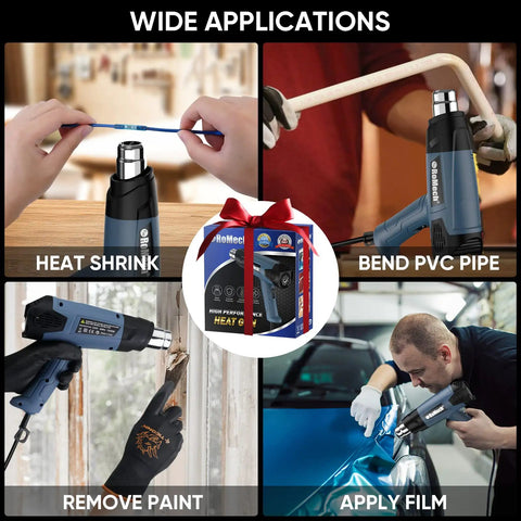 Various uses of Beast 1500W Heat Gun Kit With Variable Temperature Control And Twin Airflow Settings, including crafts and shrink wrap.