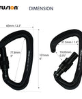 Military Tactical Aluminum Straight Gate D Carabiner With Key Nose For Quick Clip, Matte Black Finish, with dimensions