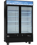 Two Door Merchandiser Freezer With Forty Five Cubic Feet Of Cold Storage And Straight Up Heavy Duty Powder Coated Steel Construction Featuring Smooth Rolling Casters For Easy Maneuvering In Any Store Layout Today.