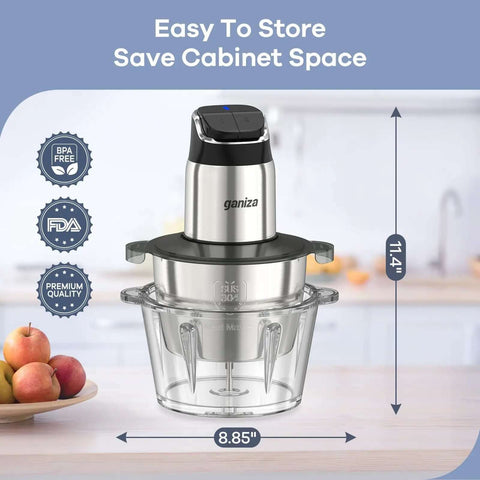 Food Processor Chopper And Meat Grinder With 2 Speed Settings And 8 Cup Stainless Steel And 8 Cup Glass Bowls on kitchen counter.