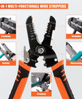 5-in-1 All-In-One Wire Stripper Tool Pro Grade Pliers showing clamping, stripping, cutting, crimping, and sharpening functions