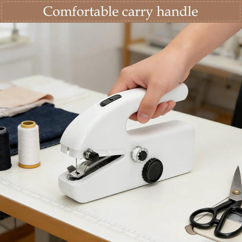 Portable Handheld Sewing Machine Kit For Beginners And Adults With Orange Leather Case in hand, showing USB powered feature