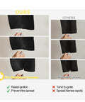 Comparison image showing fire safety of fire retardant blackout curtains versus normal curtains with NFPA 701 certification.