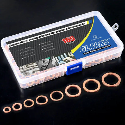 Copper Sealing Washers Set 165 Pieces Metric Flat Ring Copper Washers Assortment Eight Sizes M6 M8 M10 M12 M14 M16 M18 M20