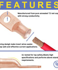 Heavy Duty Copper Battery Cable Ends Kit With 220 Pieces And 110 Pieces Of AWG 8 6 4 2 1 Lugs Ring Terminals Eyelets And Connectors Plus 3 To 1 Heat Shrink Tubing For Marine And Auto Use with close-up of UL-tested copper lug and wire.