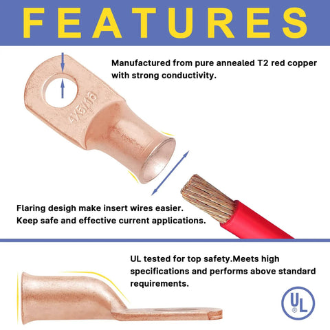 Heavy Duty Copper Battery Cable Ends Kit With 220 Pieces And 110 Pieces Of AWG 8 6 4 2 1 Lugs Ring Terminals Eyelets And Connectors Plus 3 To 1 Heat Shrink Tubing For Marine And Auto Use with close-up of UL-tested copper lug and wire.