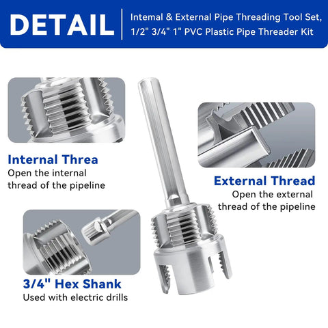 1/2 3/4 1 Inch Pvc Pipe Threader Kit Two Piece Plastic Pipe Threading Tool With Electric Drill Compatible showing internal and external thread designs.