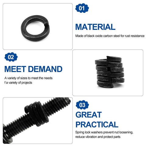 Heavy Duty Zinc Plated Carbon Steel Lock Washers Assortment Kit 300 PCS Split Spring Hardware M3 M4 M5 M6 M8 in black oxide steel.