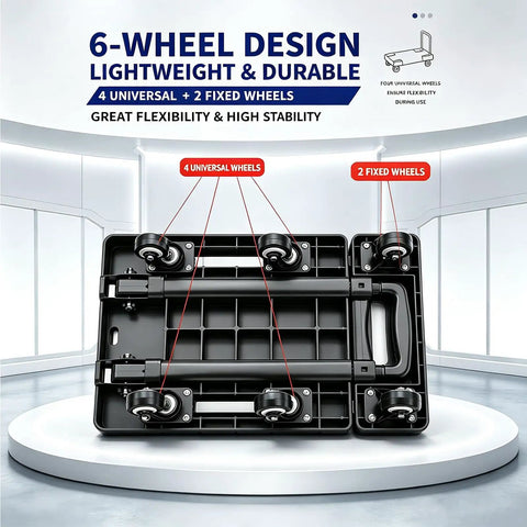 Six Wheel Platform Push Cart With Foldable Dolly Hand Truck Heavy Duty Moving Cart For Home Office And Shop Smooth Rolling With Four Universal And Two Fixed Wheels Space Saving Flat Fold Design, folded base underside
