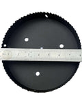 Front view of 8-inch black metal hole saw blade with toothed rim and three mounting holes; ruler for scale