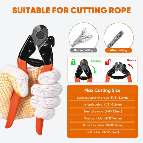 164 Foot 1/8 Inch Stainless Steel Cable Kit With Crimping Tool And Cable Cutter, Turnbuckle Tensioner, shown in use for rope cutting
