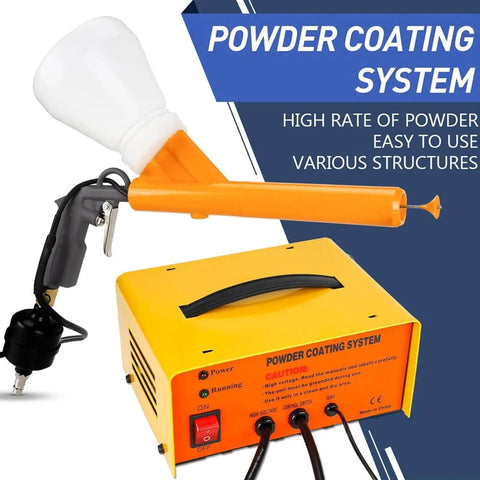 No Sweat Portable Powder Spray Gun With Electrostatic Coating System and Five Stage Electric Paint Sprayer showing orange spray nozzle and yellow controller.