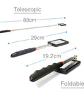 Telescoping Swiveling Inspection Mirror Tool With Twin White LED Lights Handy 27 Inch Reach shown in folded and extended views