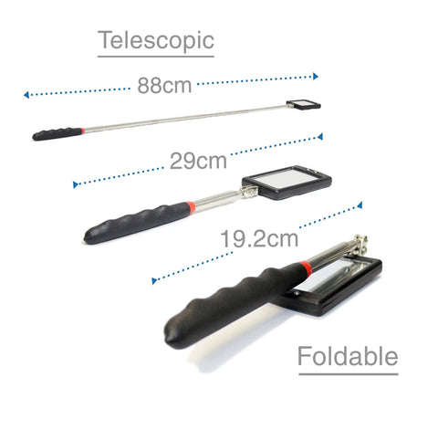 Telescoping Swiveling Inspection Mirror Tool With Twin White LED Lights Handy 27 Inch Reach shown in folded and extended views