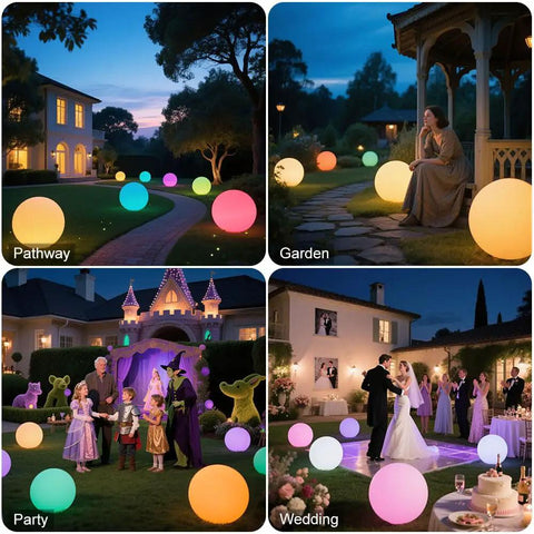14 Inch LED Ball Light Outdoor Indoor Globe Lamp With Remote Rechargeable Dimmable RGB Color Changing Waterproof Orb in garden, pathway, party, and wedding settings