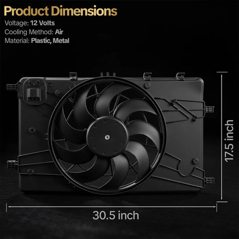 No Sweat Plug And Play Engine Radiator Cooling Fan Assembly For 2011 2016 Chevrolet Cruze 1.4L 1.8L And 2012 2017 Buick Verano 2.4L showing air cooling method with dimensions 30.5 inch x 17.5 inch.