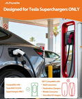 No Sweat NACS To CCS EV Charging Adapter connected to Tesla Supercharger, designed for fast charging, heavy duty reliable gear.