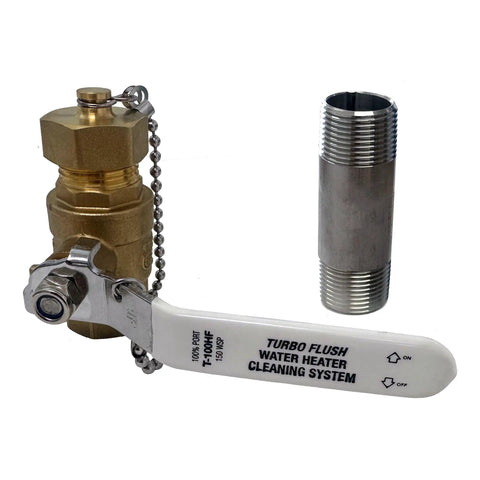 Turbo Flush Water Heater Drain Valve Kit with three quarter inch full port stainless steel nipple for maximum sediment removal