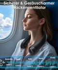 Wearable Neck Fan With Support And 5 Speeds Ultra Lightweight Personal Cooler Blows Cold Air Rechargeable USB C worn by woman