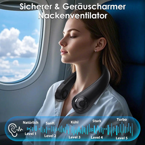 Wearable Neck Fan With Support And 5 Speeds Ultra Lightweight Personal Cooler Blows Cold Air Rechargeable USB C worn by woman