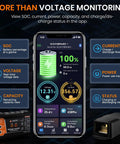 No Sweat Bluetooth Battery Monitor With 400A Smart Shunt showing battery data app on smartphone, voltage, current, capacity tracking.