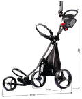 Heavy Duty Three Wheel Golf Push Cart Delivering Dead Steady Control And Foolproof Quick Release Brakes shown from the side with dimensions.