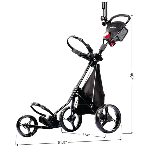 Heavy Duty Three Wheel Golf Push Cart Delivering Dead Steady Control And Foolproof Quick Release Brakes shown from the side with dimensions.