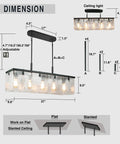 Dimensions for textured glass chandelier with water ripple panels for dining room and kitchen island, 37 inch rectangular light fixture.