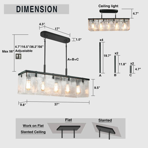 Dimensions for textured glass chandelier with water ripple panels for dining room and kitchen island, 37 inch rectangular light fixture.