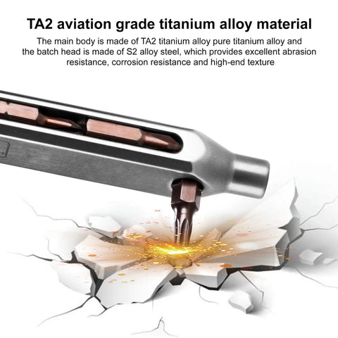 Close-up of Slick Titanium Pocket Screwdriver Featuring Ten Versatile Bit Sizes with TA2 titanium alloy material on cracked surface.