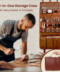 All In One Leather Craft Kit With 155 Piece Tool Set For Beginners Includes Stamping Tools Punches Stitching System Groover Edge Beveler Creaser And Cutting Tools For Wallets Belts Bags DIY Leatherworking Starter Set displayed with a wall-mounted storage case and a leather carrying bag.