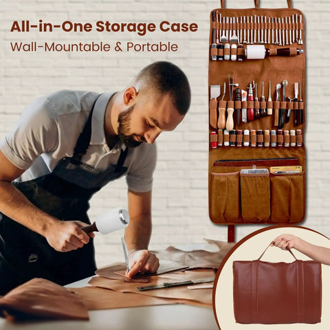 All In One Leather Craft Kit With 155 Piece Tool Set For Beginners Includes Stamping Tools Punches Stitching System Groover Edge Beveler Creaser And Cutting Tools For Wallets Belts Bags DIY Leatherworking Starter Set displayed with a wall-mounted storage case and a leather carrying bag.