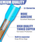Premium quality tinned copper inside blue heat shrink butt connector with excellent waterproof and corrosion resistance.