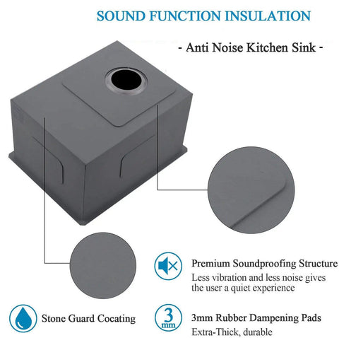 Diagram showing soundproofing features of Black Undermount Bar Sink 15x17 Inch For RVs And Small Kitchens, Stainless Steel Wet Bar Sink.