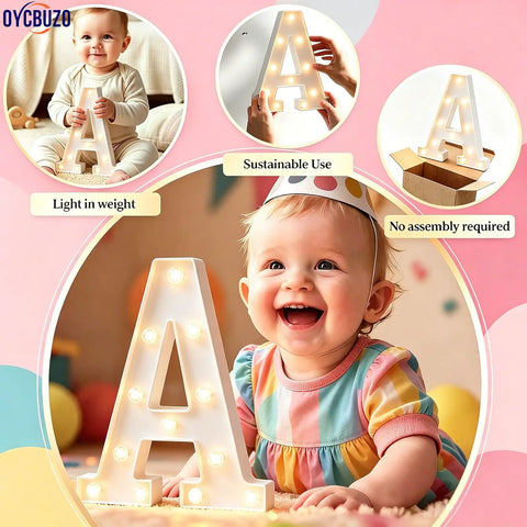 Baby next to 'A' shaped Colorful LED Marquee Letter Lights With Remote 18 Color Changing RGB Alphabet Signs For Parties And Events
