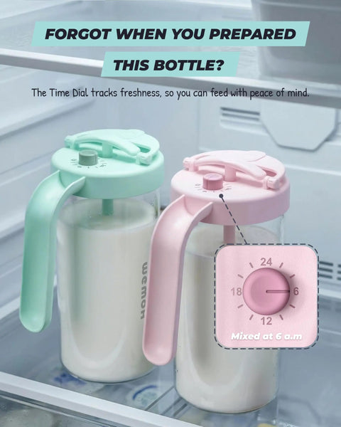 The Go To Rock Solid Borosilicate Glass Breast Milk Pitcher With 32 Oz And Upgraded Bpa Free Mixing Spoon For Heat Safe No Sweat Nursing Mom Storage in refrigerator with time dial.