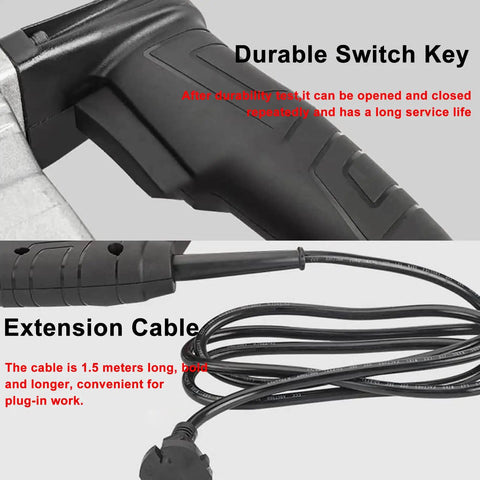 Close-up of the durable switch key and 1.5-meter extension cable for Beast Mode Heavy Duty 2200W Electric Hydraulic Pliers.