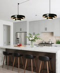 Black Swag Pendant Light Plug in, Mid Century Modern Pendant Lamp with Layered Metal Shade illuminating a kitchen island.