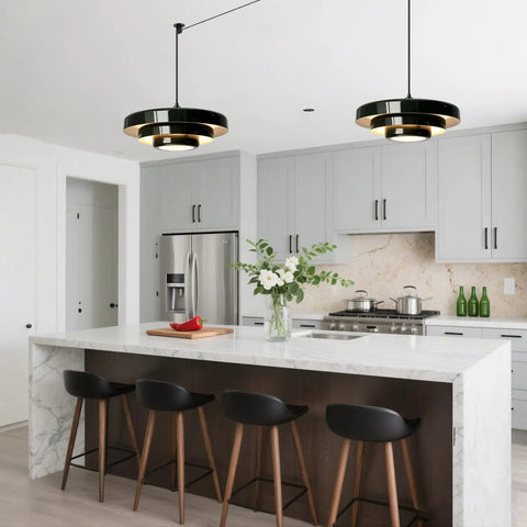 Black Swag Pendant Light Plug in, Mid Century Modern Pendant Lamp with Layered Metal Shade illuminating a kitchen island.